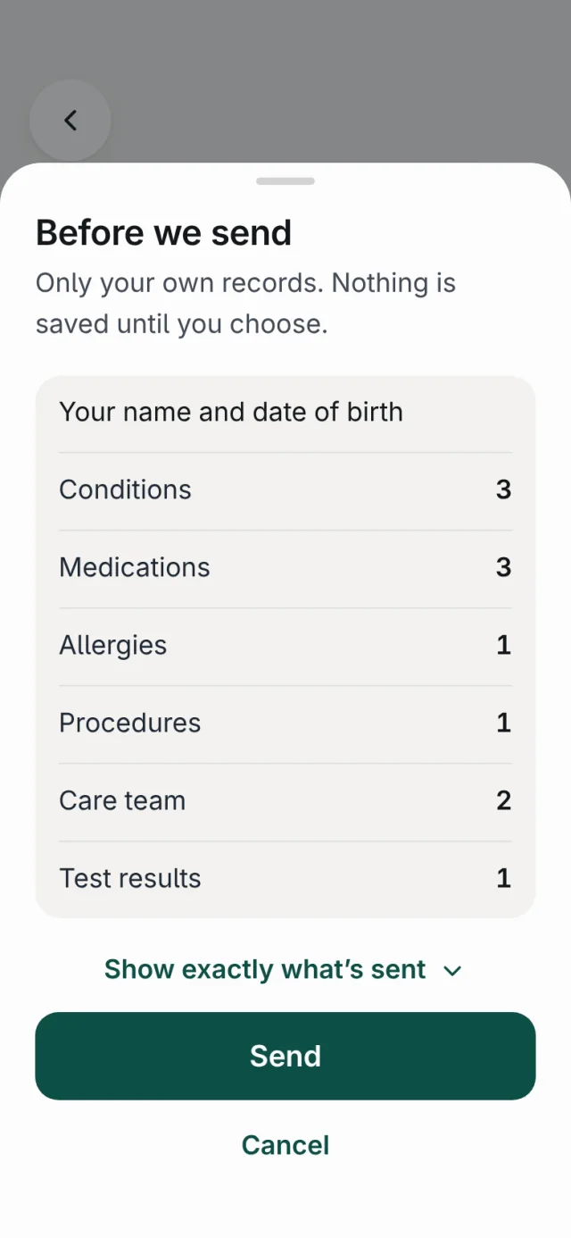 The Before we send sheet: Only your own records. Nothing is saved until you choose. It lists what will be sent, with a Send button and a Cancel link.