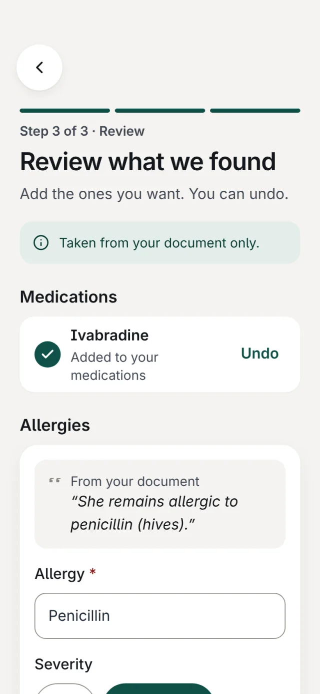 The Review what we found screen, step 3 of 3. An allergy found in a letter is shown with the quote it came from, ready to check, add or skip.