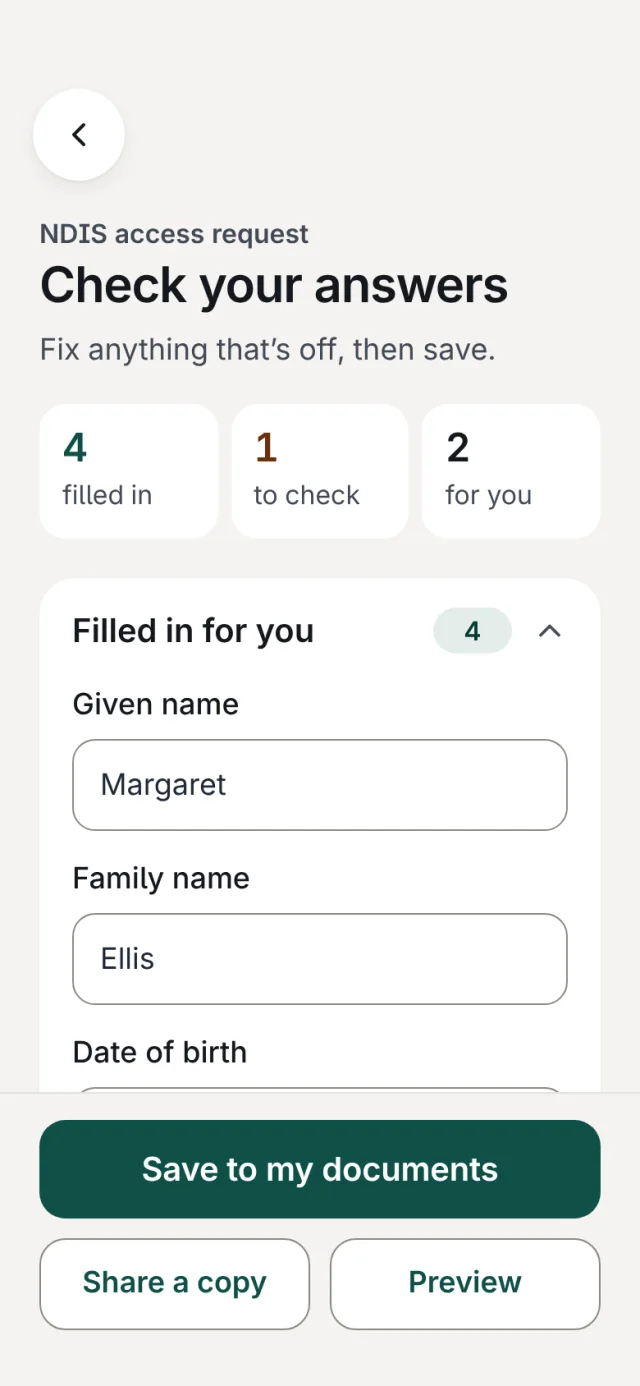 The Check your answers screen for a PDF form, showing how many answers were filled in, which need a check, and which are for you to fill.